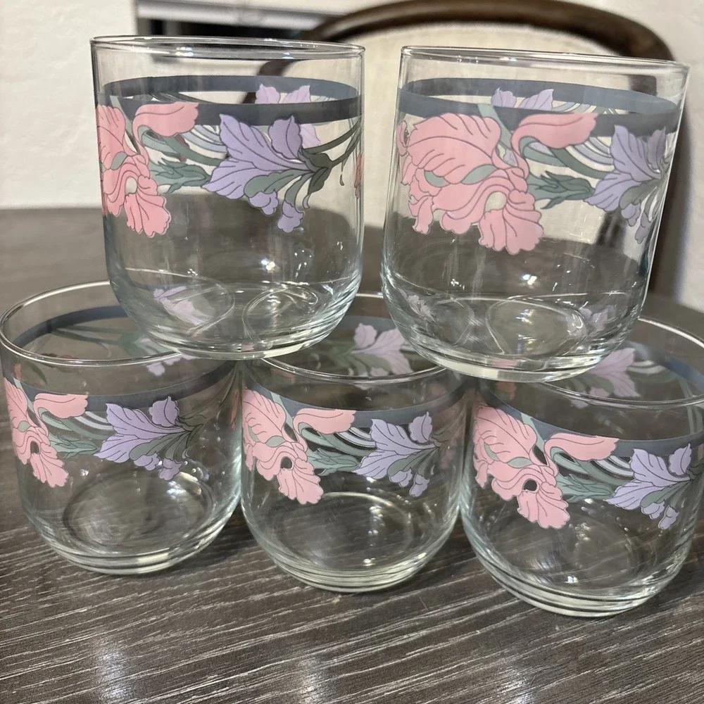 5 Vintage Noritake Cafe du Soir 10 Oz Juice Rocks Glasses 1980s Purple/Pink Iris